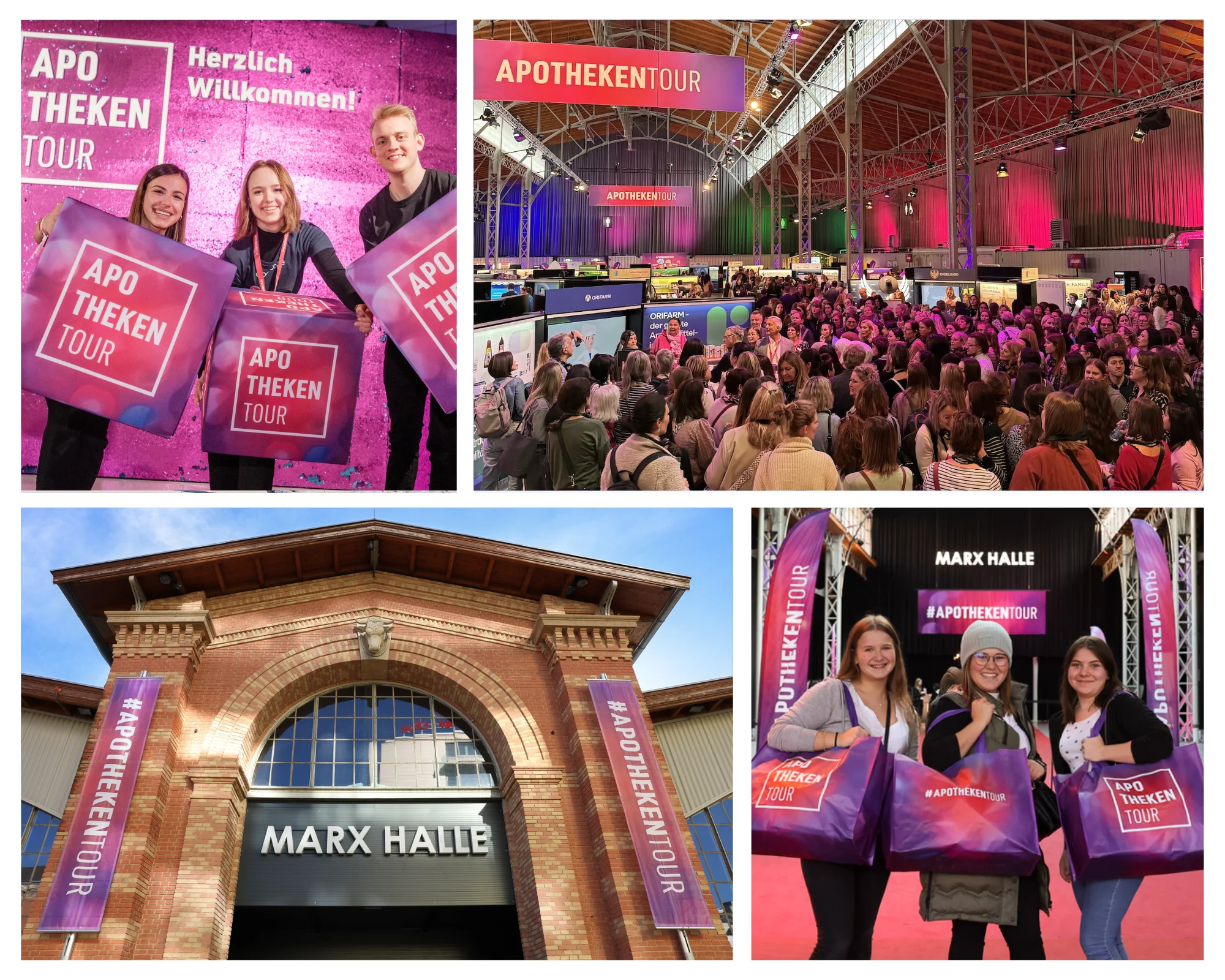 Collage aus vier Bildern zur APOTHEKENTOUR in der Marx Halle: Oben links drei junge Personen mit großen Würfeln mit dem Logo der APOTHEKENTOUR vor einer violettfarbenen Begrüßungswand. Oben rechts eine Messehalle mit zahlreichen Besucherinnen und Besuchern unter dem Schriftzug "APOTHEKENTOUR", mit buntem Licht und Informationsständen. Unten links die Außenansicht der Marx Halle mit zwei großen Bannern "#APOTHEKENTOUR". Unten rechts drei lächelnde Frauen mit großen, lila Tragetaschen vor dem Eingang zur Marx Halle, eingerahmt von zwei Eventbögen mit der Veranstaltungsaufschrift.