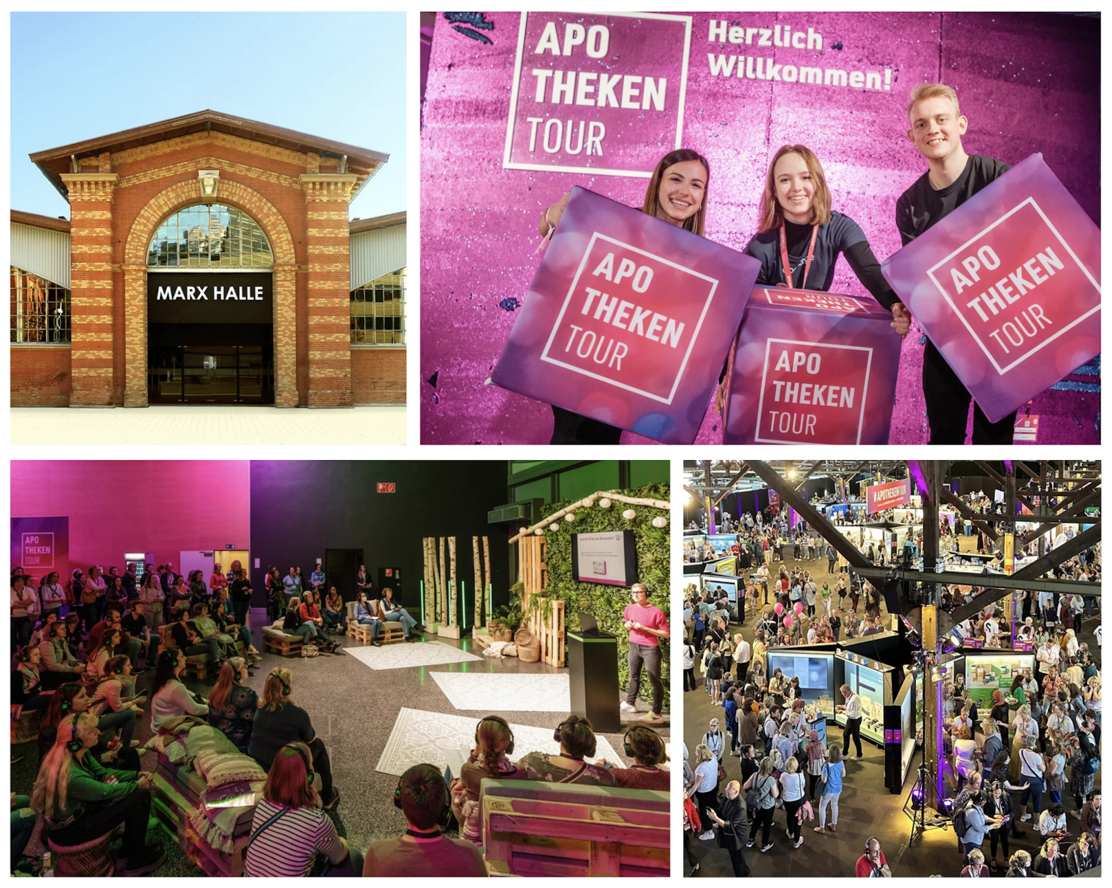 Collage aus vier Bildern einer Veranstaltung namens "APOTHEKENTOUR": Oben links die Außenansicht der Marx Halle mit historischer Backsteinfassade. Oben rechts drei junge Personen, die lachend Würfel mit dem Logo "APOTHEKENTOUR" vor einer lila Wand mit der Aufschrift "Herzlich Willkommen!" halten. Unten links ein Vortrag mit sitzendem Publikum in gemütlicher Atmosphäre mit Palettenmöbeln und Kopfhörern. Unten rechts ein Überblick über eine belebte Messehalle mit vielen Besucherinnen und Besuchern an diversen Infoständen unter einer Stahlkonstruktion.