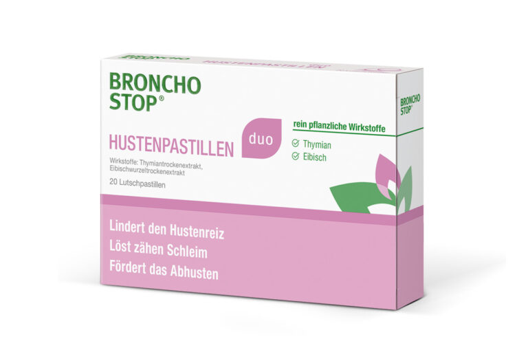 Verpackung von BronchoStop Hustenpastillen duo mit 20 Lutschpastillen; enthält pflanzliche Wirkstoffe Thymian und Eibisch; bewirbt Linderung von Hustenreiz, Schleimlösung und Abhusten.