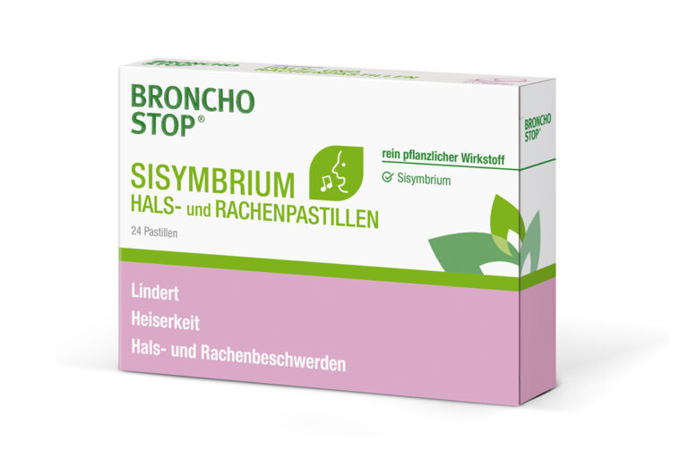 Verpackung von BronchoStop Sisymbrium Hals- und Rachenpastillen mit 24 Pastillen; rein pflanzlicher Wirkstoff Sisymbrium; hilft gegen Heiserkeit und Hals- und Rachenbeschwerden.