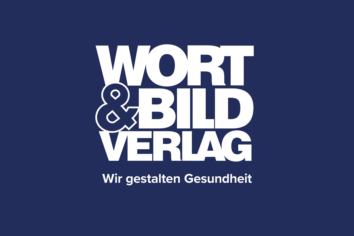 Logo des Wort & Bild Verlags in weißer Großschrift auf dunkelblauem Hintergrund mit dem Claim „Wir gestalten Gesundheit“ darunter.