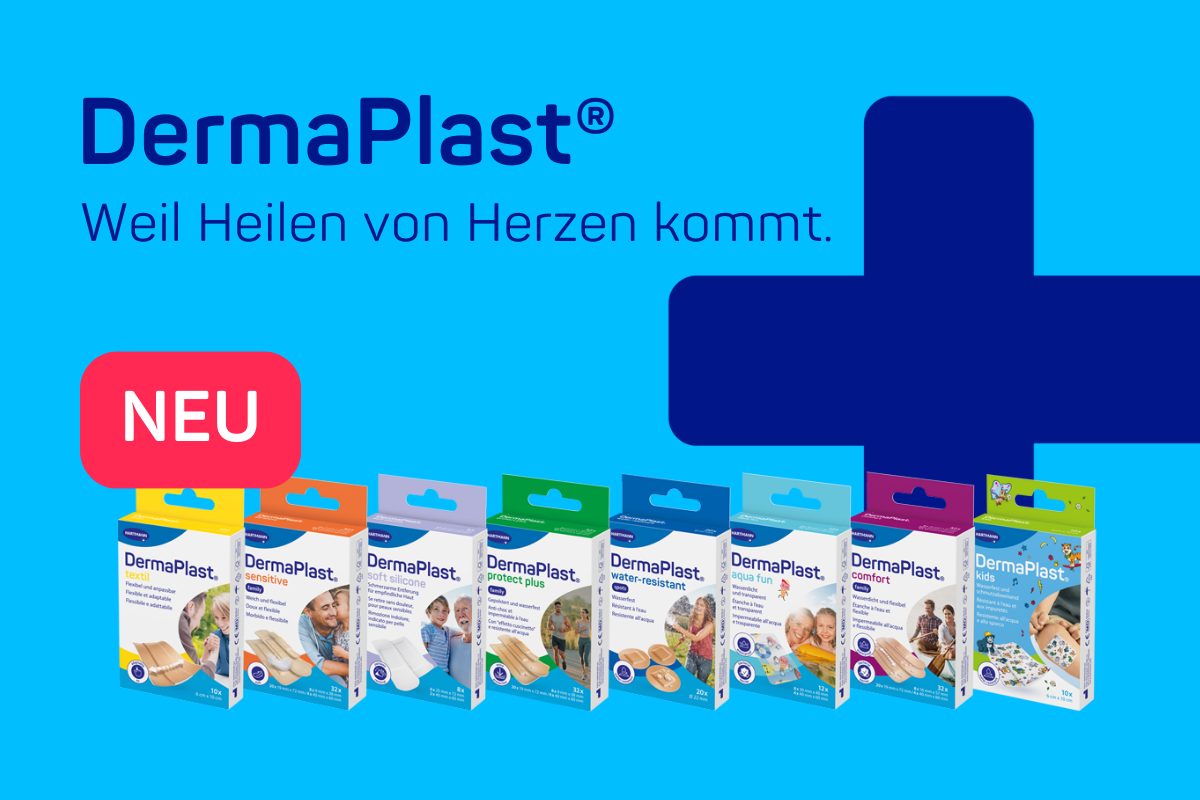 Alle Produkt-Packungen des gesamten DermaPlast®️ Sortiments zur Wundversorgung mit dem Slogan: Weil Heilen vom Herzen kommt.