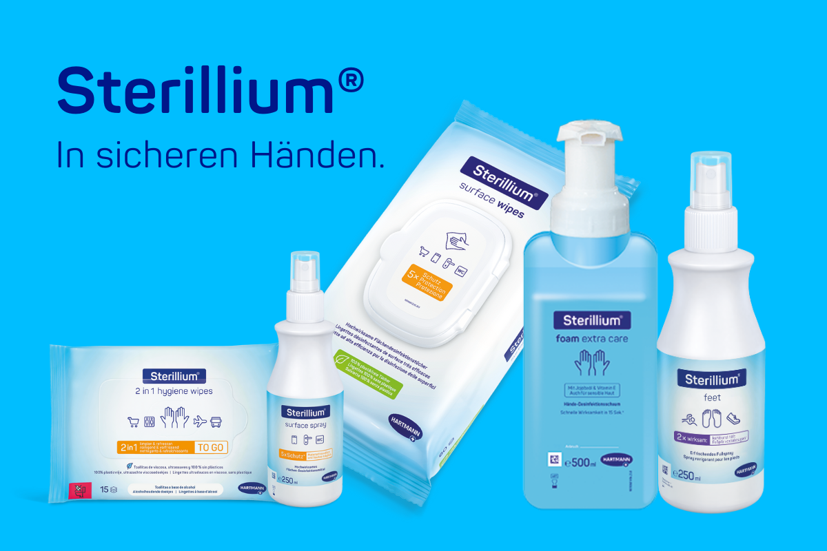 Abbildungen der Sterillium®️ Produkte zur Händedesinfektion und Flächendesinfektion und das neue Fußspray Sterillium®️ feet. Darüber der Slogan: In sicheren Händen.