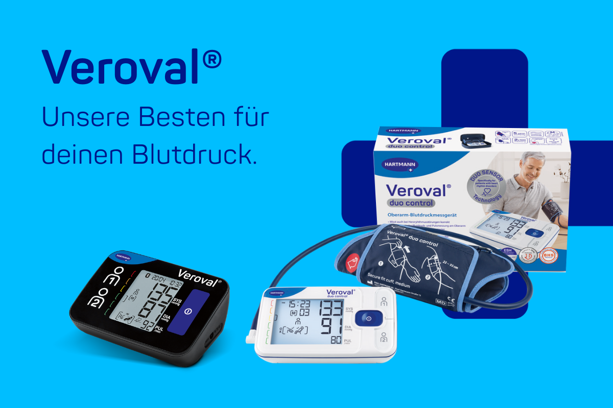 Abbildungen der Veroval®️ Blutdruckmessgeräte, darüber der Slogan: Unsere Besten für deinen Blutdruck.