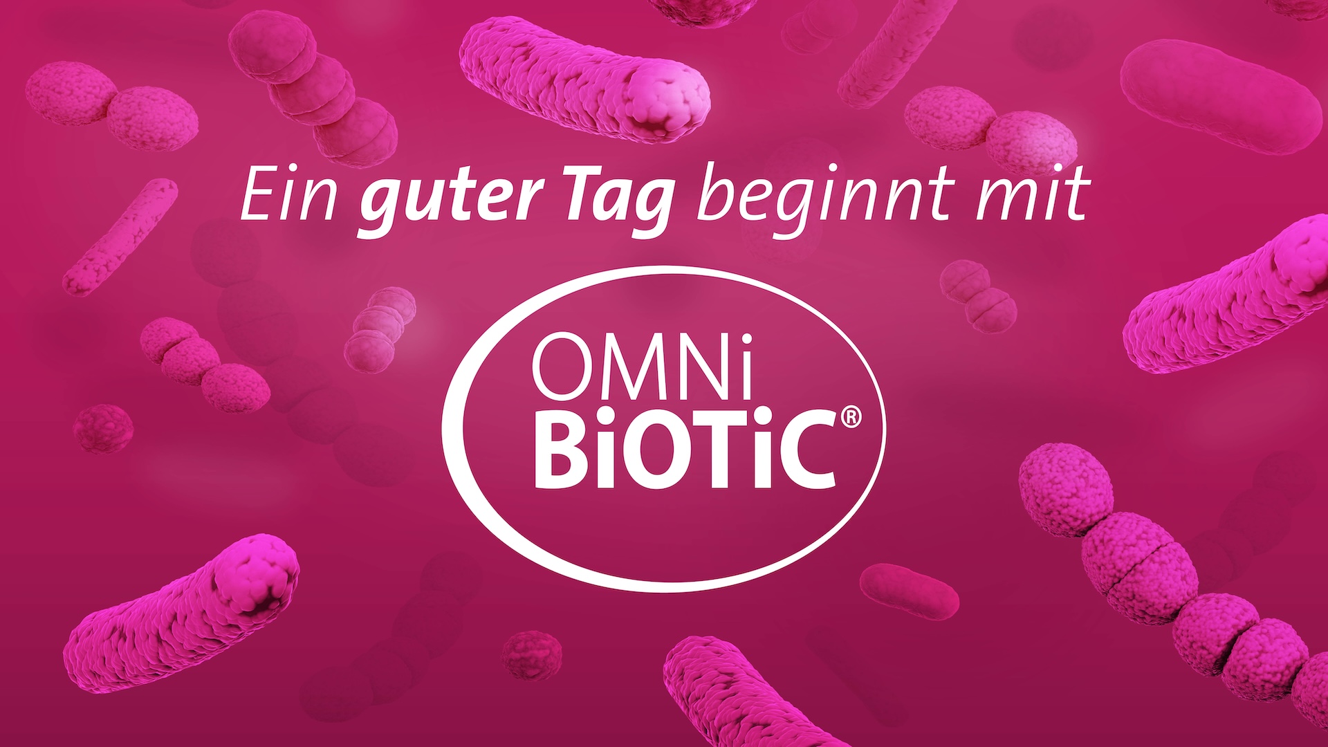 Visualisierung von verschiedenen Bakterienarten mit dem Slogan „Ein guter Tag beginnt mit OMNi-BiOTiC®“ auf pinkem Hintergrund.