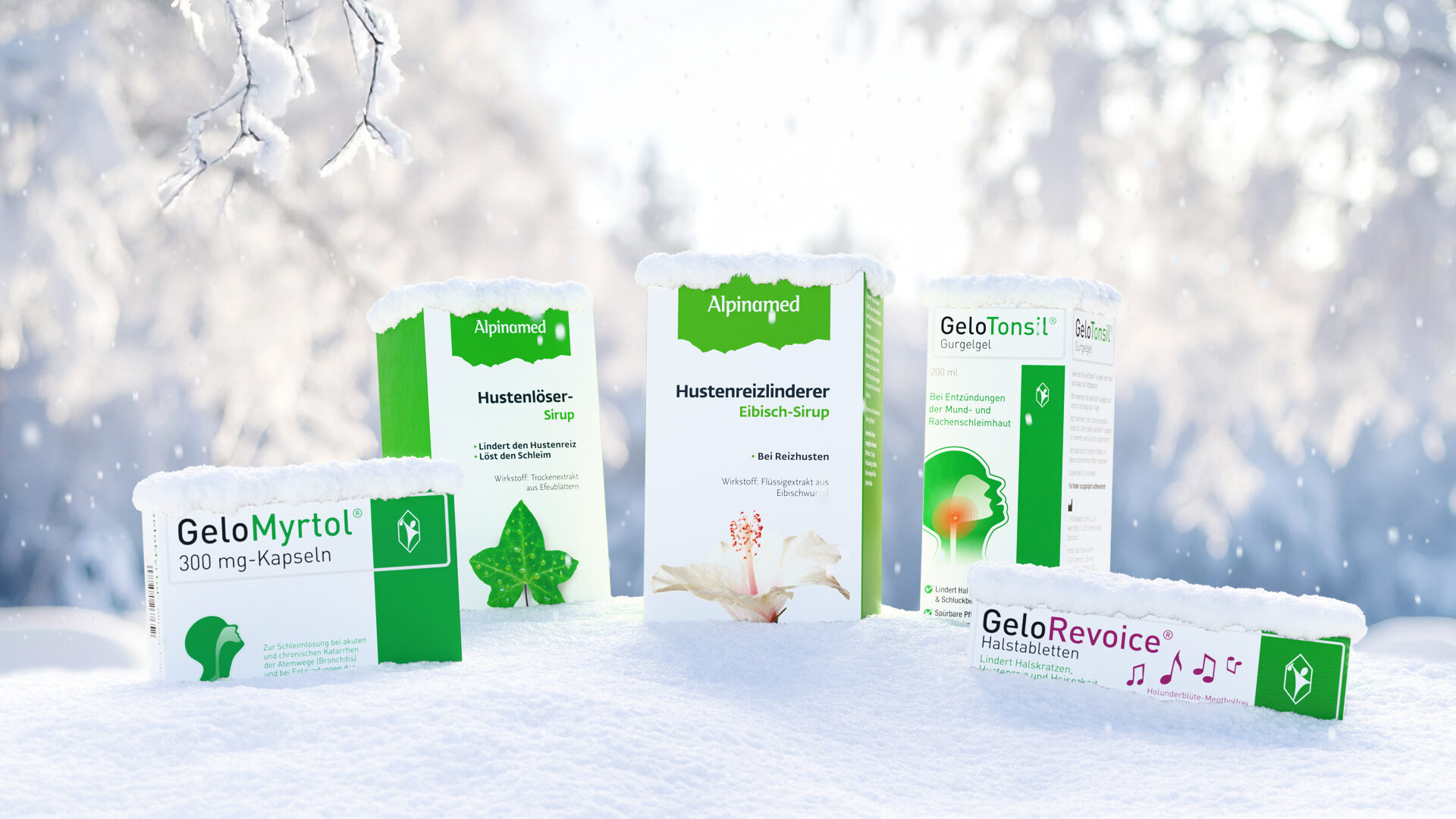 Mehrere Medikamente mit winterlichem Design stehen im Schnee vor einem verschneiten Hintergrund: GeloMyrtol Kapseln links, Alpinamed Hustenlöser-Sirup und Hustenreizlinderer Eibisch-Sirup in der Mitte, rechts GeloTonsil Gurgelgel und GeloRevoice Halstabletten. Auf allen Packungen liegt eine Schneeschicht.