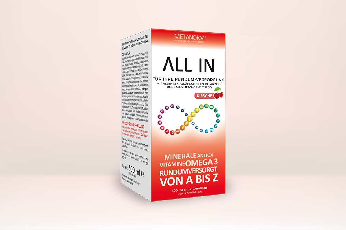 Verpackung des Produkts „ALL IN Trink-Emulsion" aus der METANORM Serie. Faltschachtel mit Informationen zu Inhaltsstoffen und Anwendungsgebieten: Produkt für die Rundum-Versorgung mit allen Mikronährstoffen, Pflanzen-Omega 3 und METANORM®-TURBO.