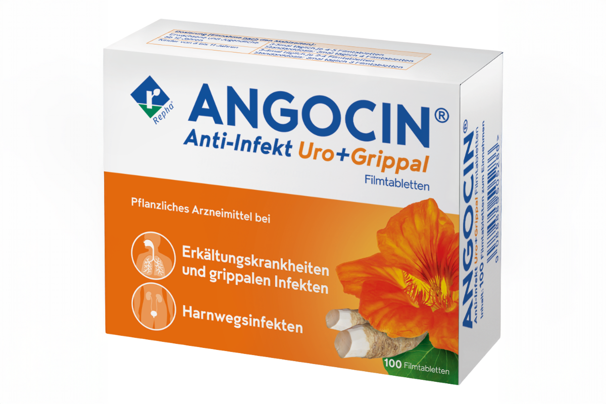 Angocin Produktpackung, pflanzliches Arzneimittel bei Erkältungskrankheiten, grippalen Infekten und Harnwegsinfekten, 100 Filmtabletten.