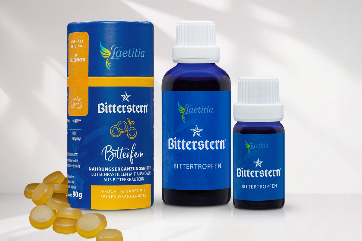 Bitterstern Bittertropfen in zwei Flaschengrößen und Lutschpastillen mit Bitterkräutern und Orangenaroma von Laetitia.