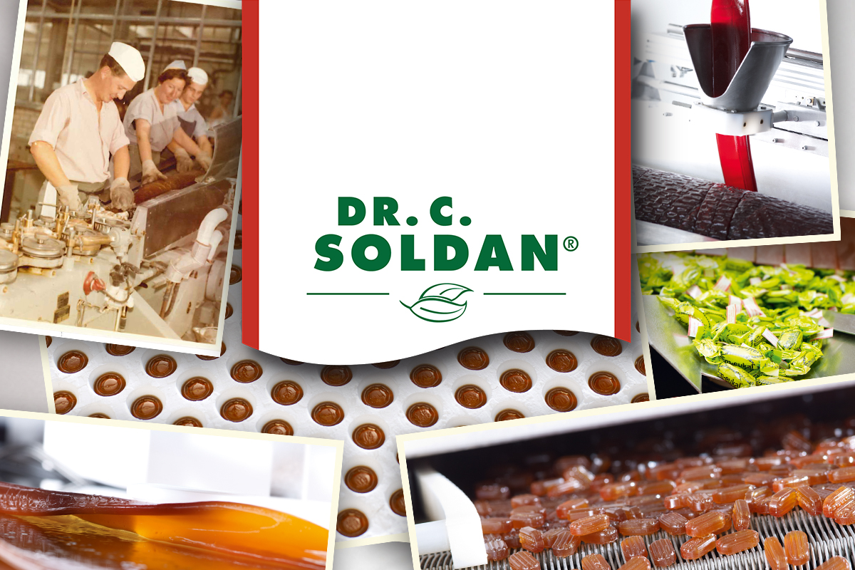 Collage mit Dr. C. Soldan Logo und Bildern aus der Bonbonproduktion – vom Gießen bis zur Verpackung klassischer Hustenbonbons.