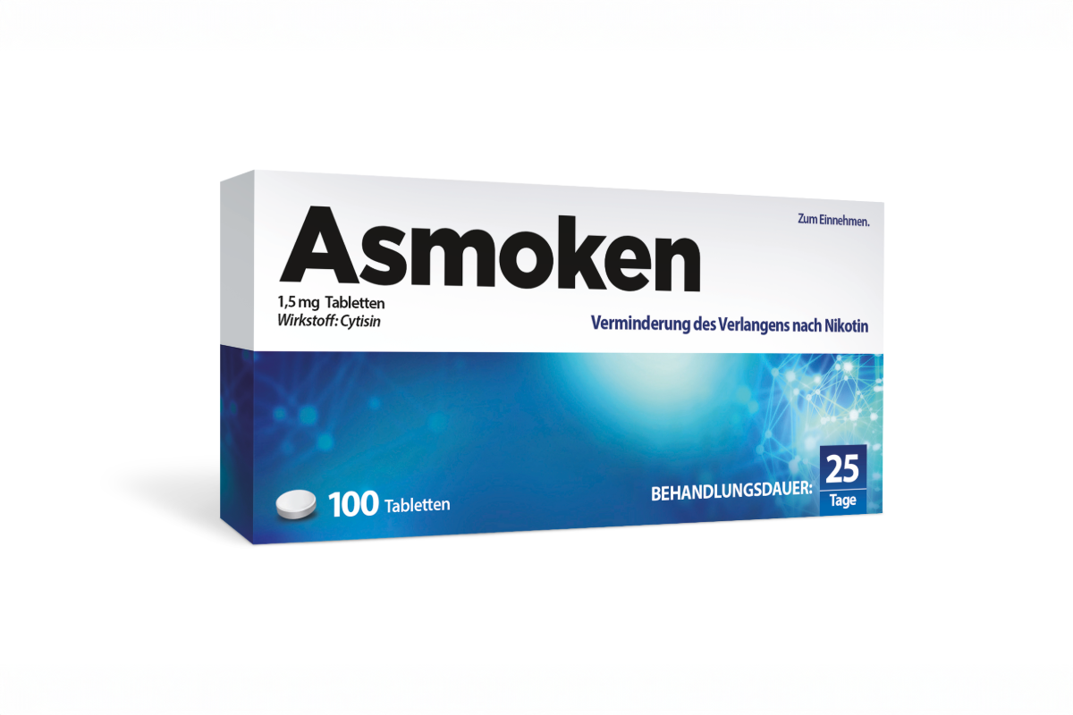 Asmoken Produktpackung zur Verminderung des Verlangens nach Nikotin, 100 Tabletten.
