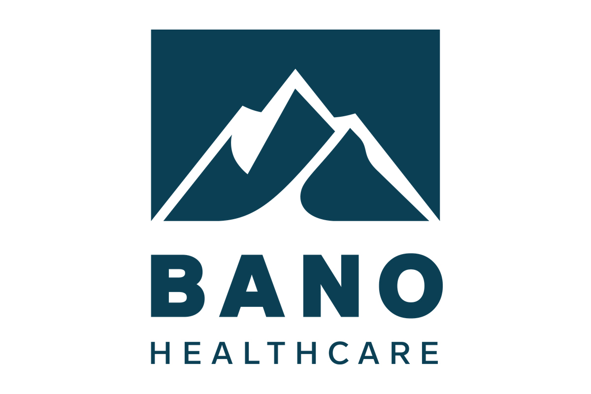 BANO Healthcare Logo mit stilisiertem Bergmotiv in Dunkelgrau und Weiß.