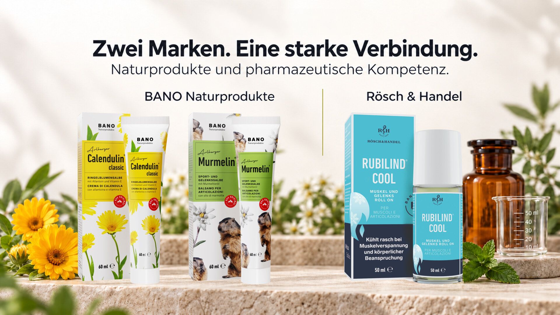 BANO Healthcare vereint Natur und Pharmazie: Calendulin, Murmelin und Rubilind COOL, umgeben von Heilpflanzen, Blüten und Apothekenutensilien.
