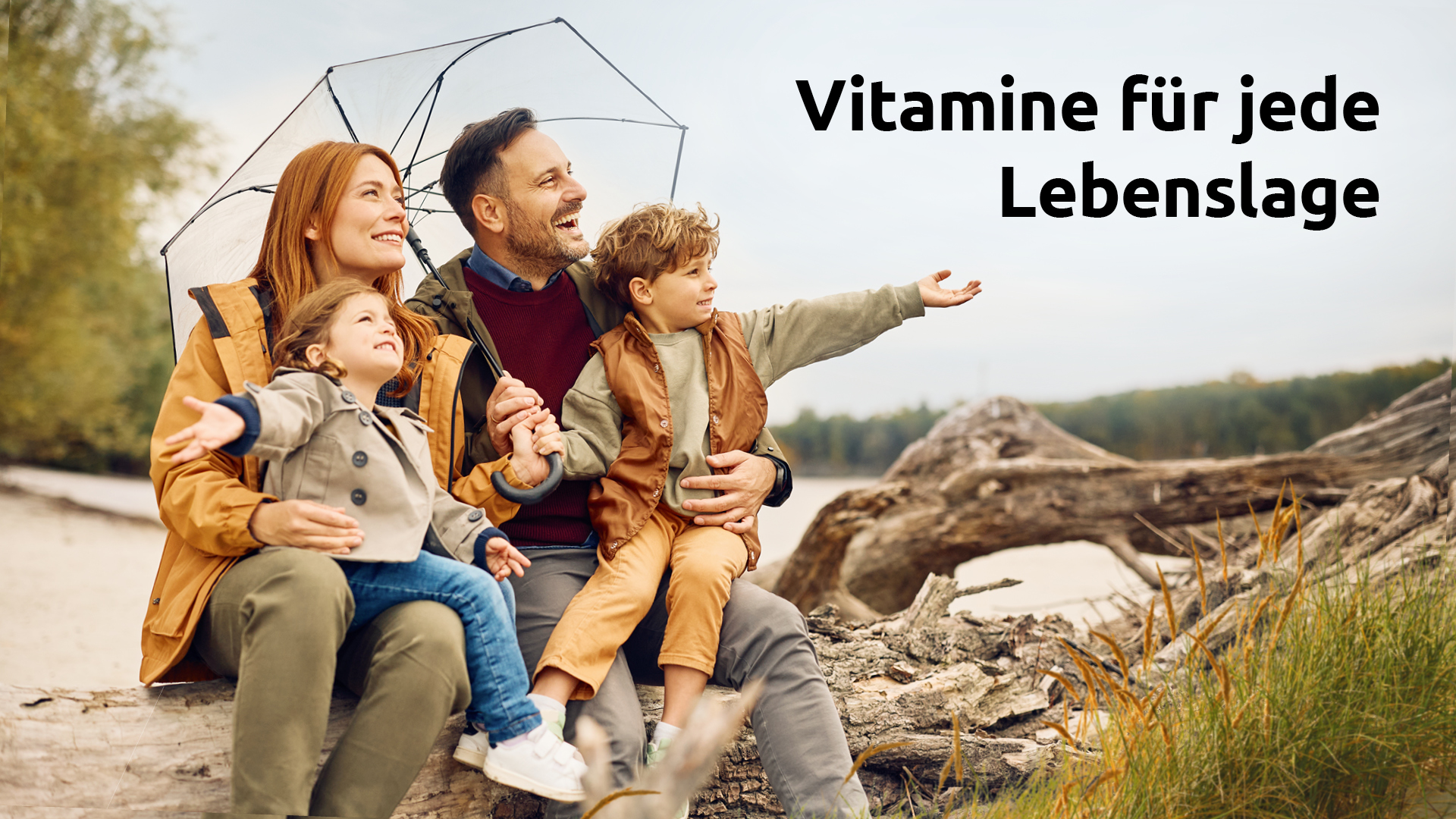 Familie in der Natur, daneben der Text: „Vitamine für jede Lebenslage“.