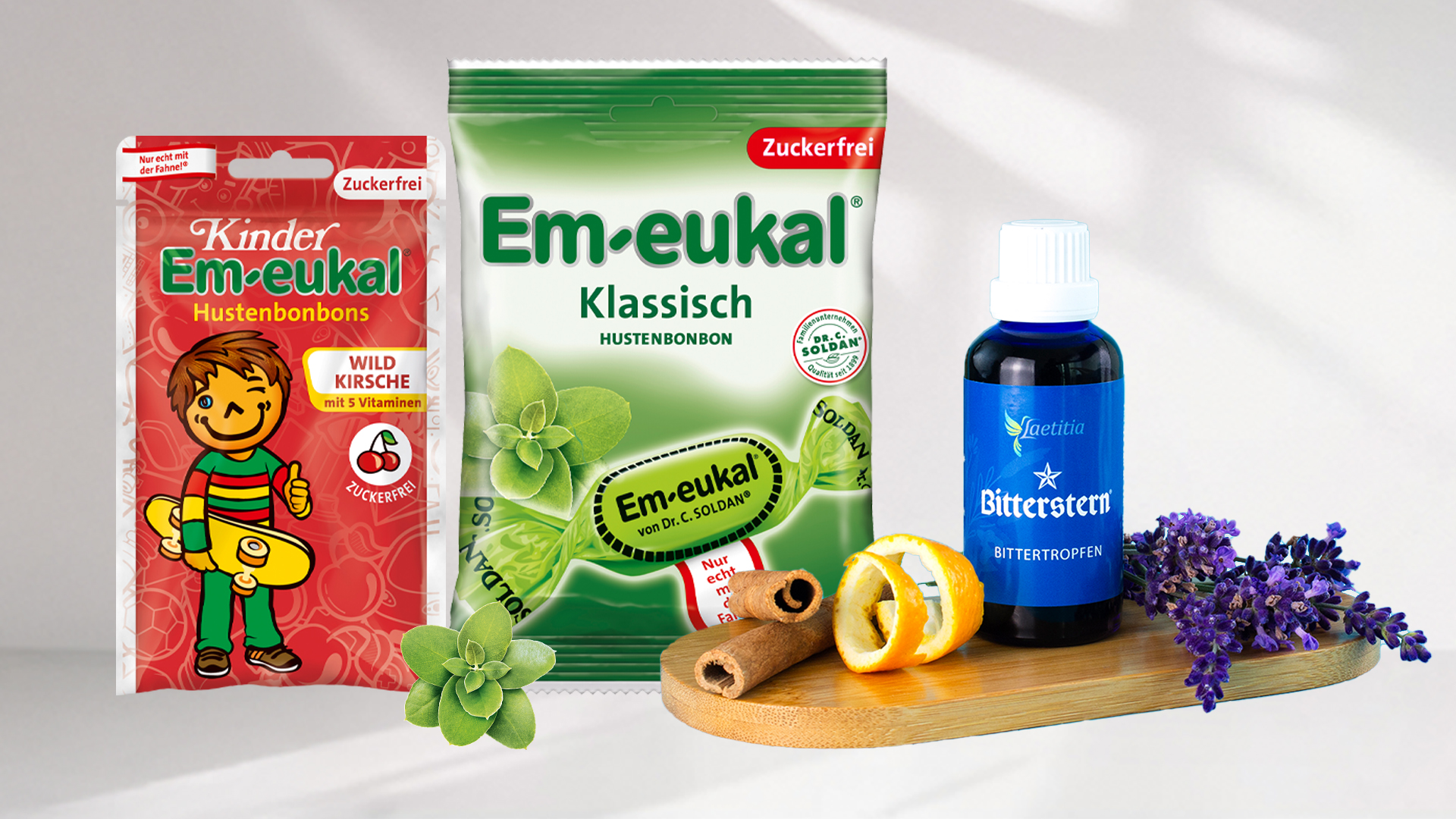 Kinder Em-eukal Hustenbonbons Wildkirsche, Em-eukal Klassisch und Bitterstern Bittertropfen mit Zimt, Orangenschale und Lavendel.