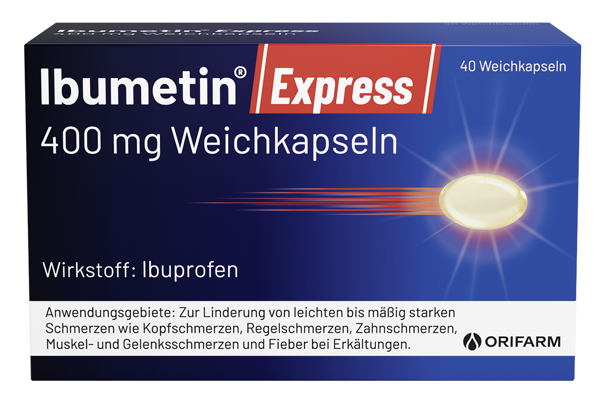Verpackung von Ibumetin Express 400 mg Weichkapseln. Enthält den Wirkstoff Ibuprofen. Anwendung zur Linderung von leichten bis mäßig starken Schmerzen wie Kopf-, Regel-, Zahn-, Muskel- und Gelenkschmerzen sowie bei Fieber und Erkältungen. Hersteller: Orifarm.