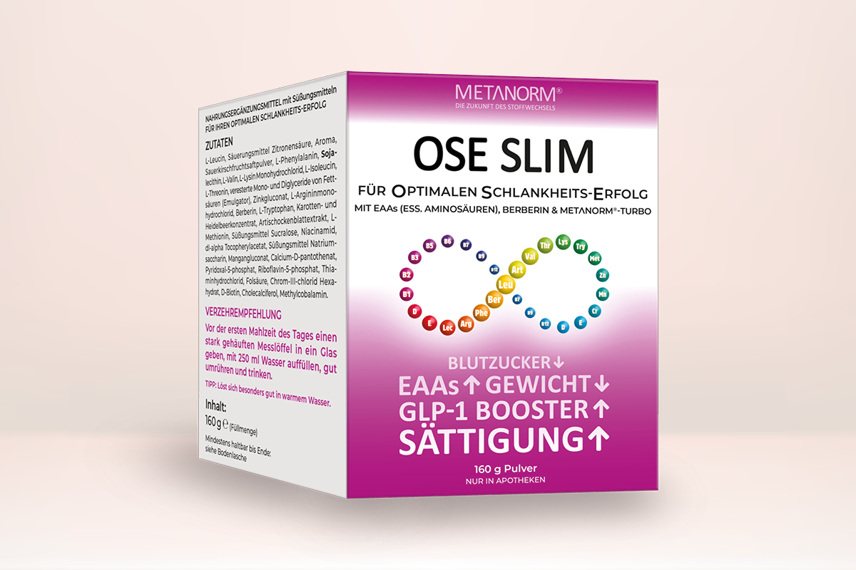 Verpackung des Produkts „OSE SLIM Pulver" aus der METANORM Serie. Faltschachtel mit Informationen zu Inhaltsstoffen und Anwendungsgebieten: Produkt für optimalen Schlankeits-Erfolg mit essentiellen Aminosäuren, Berberin und METANORM®-TURBO.