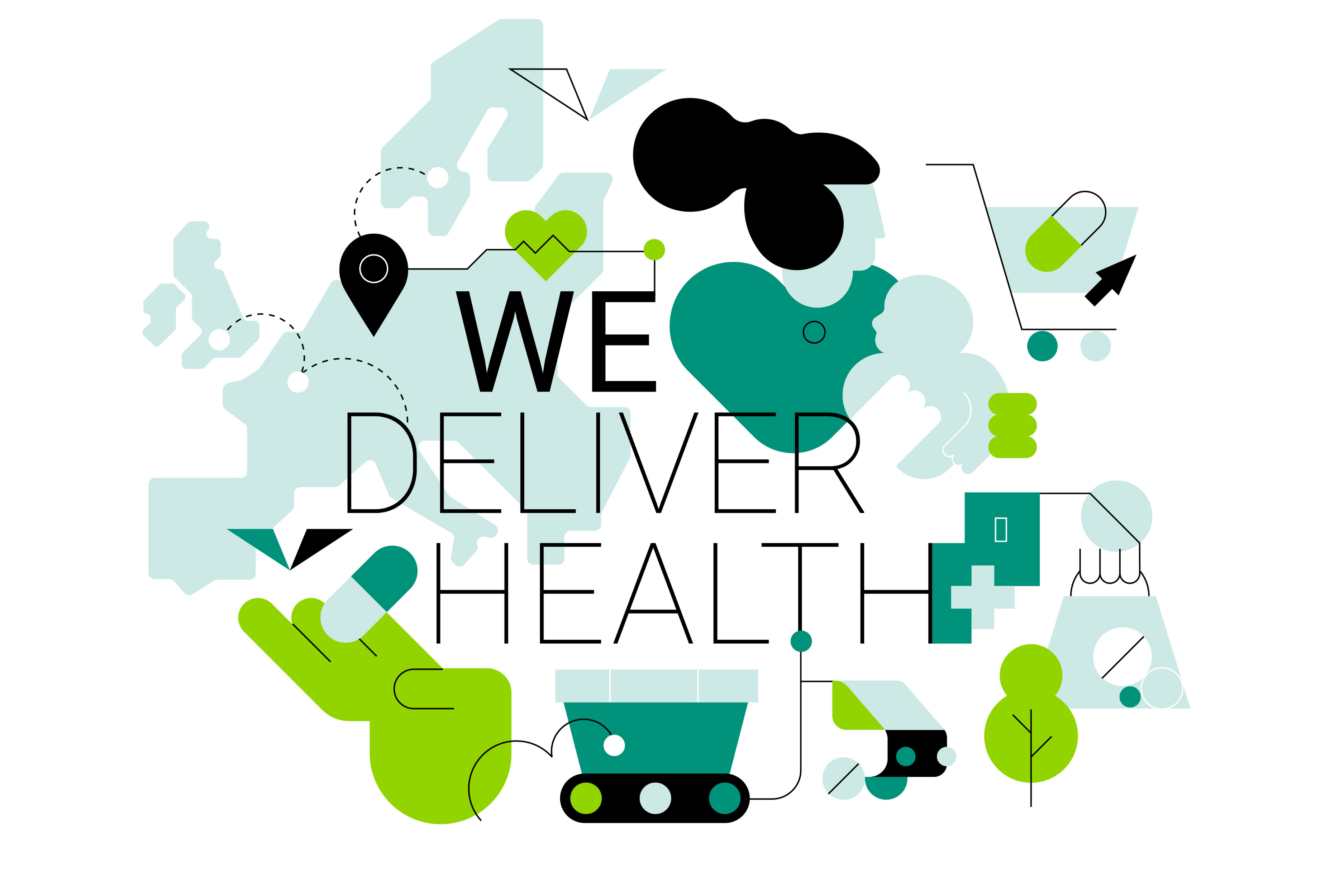 Illustration mit Europakarte, Symbolen für Gesundheit, Logistik und Menschen, mittig der Schriftzug ‚We Deliver Health‘ – Darstellung der europaweiten Gesundheitsversorgung von PHOENIX.
