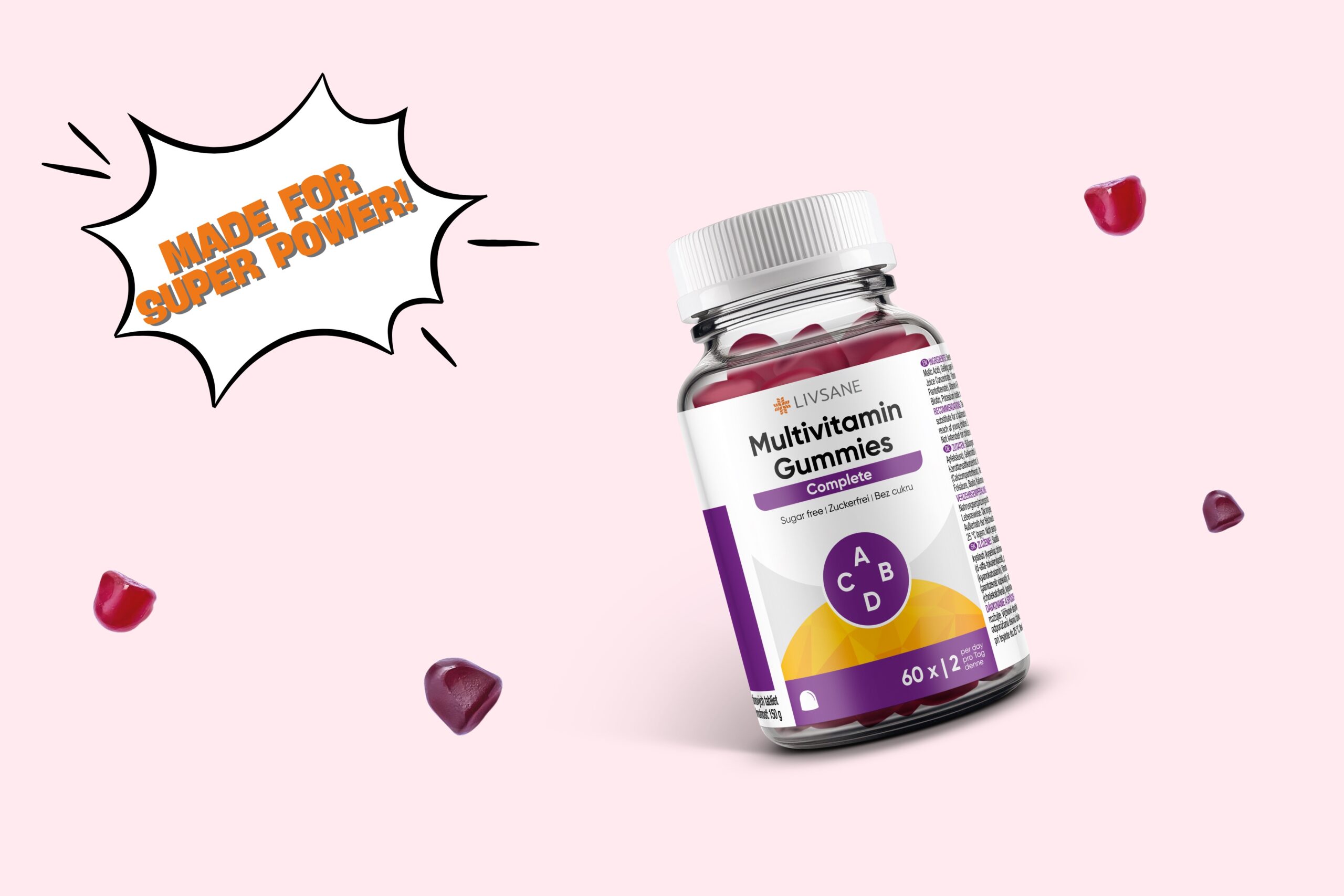 Produktbild von LIVSANE Multivitamin Gummies Complete, Glasflasche mit violettem Etikett und den Vitaminen A, B, C, D, daneben Sprechblase mit dem Text ‚Made for Super Power!‘