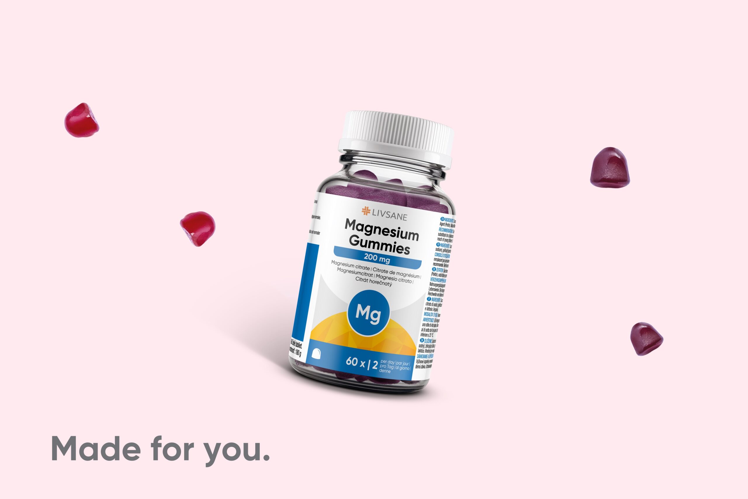 Produktbild von LIVSANE Magnesium Gummies mit 200 mg Magnesiumcitrat, Glasflasche mit weißem Deckel und blau-gelbem Etikett, darunter der Claim ‚Made for you‘.