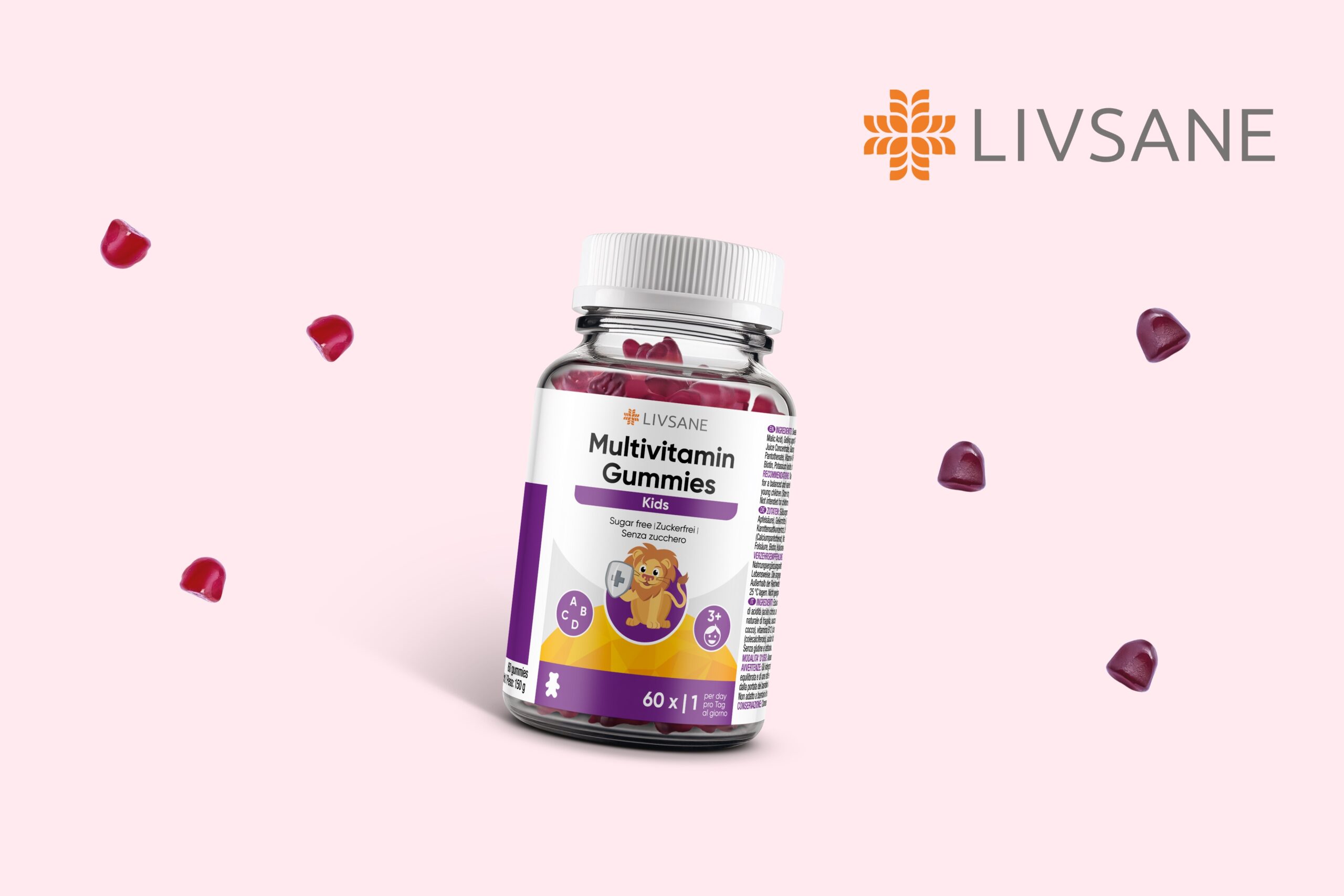 Produktbild von LIVSANE Multivitamin Gummies Kids in einem Glas mit weißem Deckel, violettem Etikett und Cartoon-Löwe, zuckerfrei, Nahrungsergänzung für Kinder.