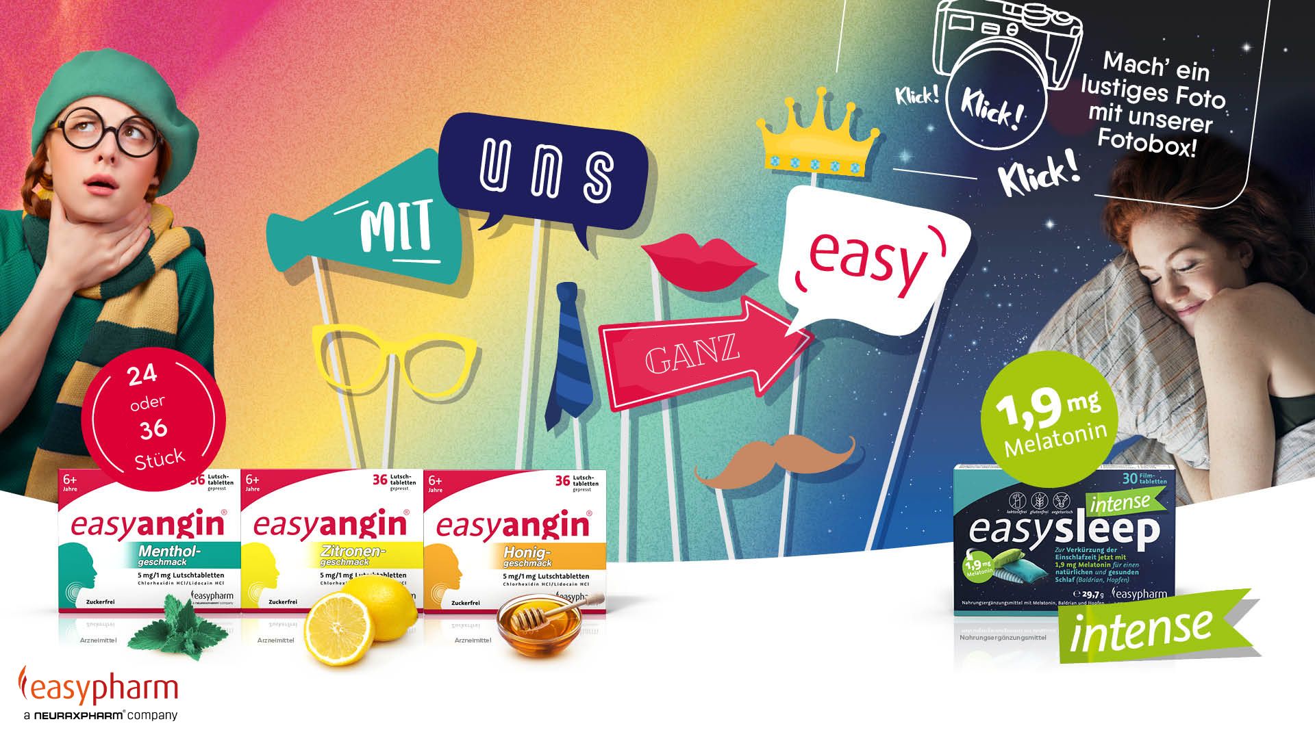 Easypharm auf der APOTHEKENTOUR 2026 mit den Produkten easyangin® Halsschmerztabletten, easysleep 1,9 mg Melatonin Filmtabletten, Fotobox-Aktion sowie dem Slogan ‚Mit uns ganz easy‘.