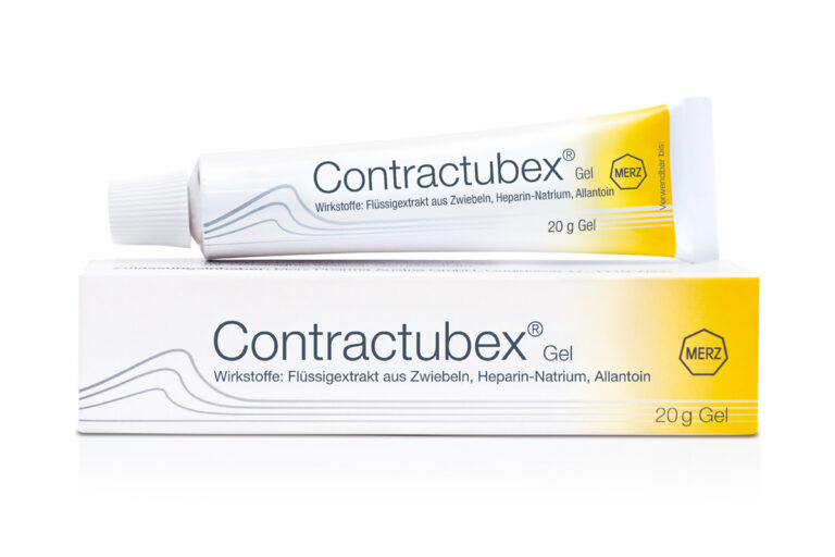 Packshot Contractubex Narbengel: Narbengel mit Zwiebelextrakt in einer weiß-gelben Faltschachtel