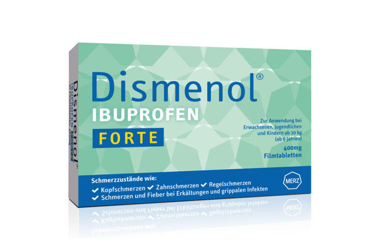 Packshot Dismenol Filmtabletten: Filmtabletten mit Ibuprofen bei Kopfschmerzen, Regelschmerzen, Zahnschmerzen und bei Fieber