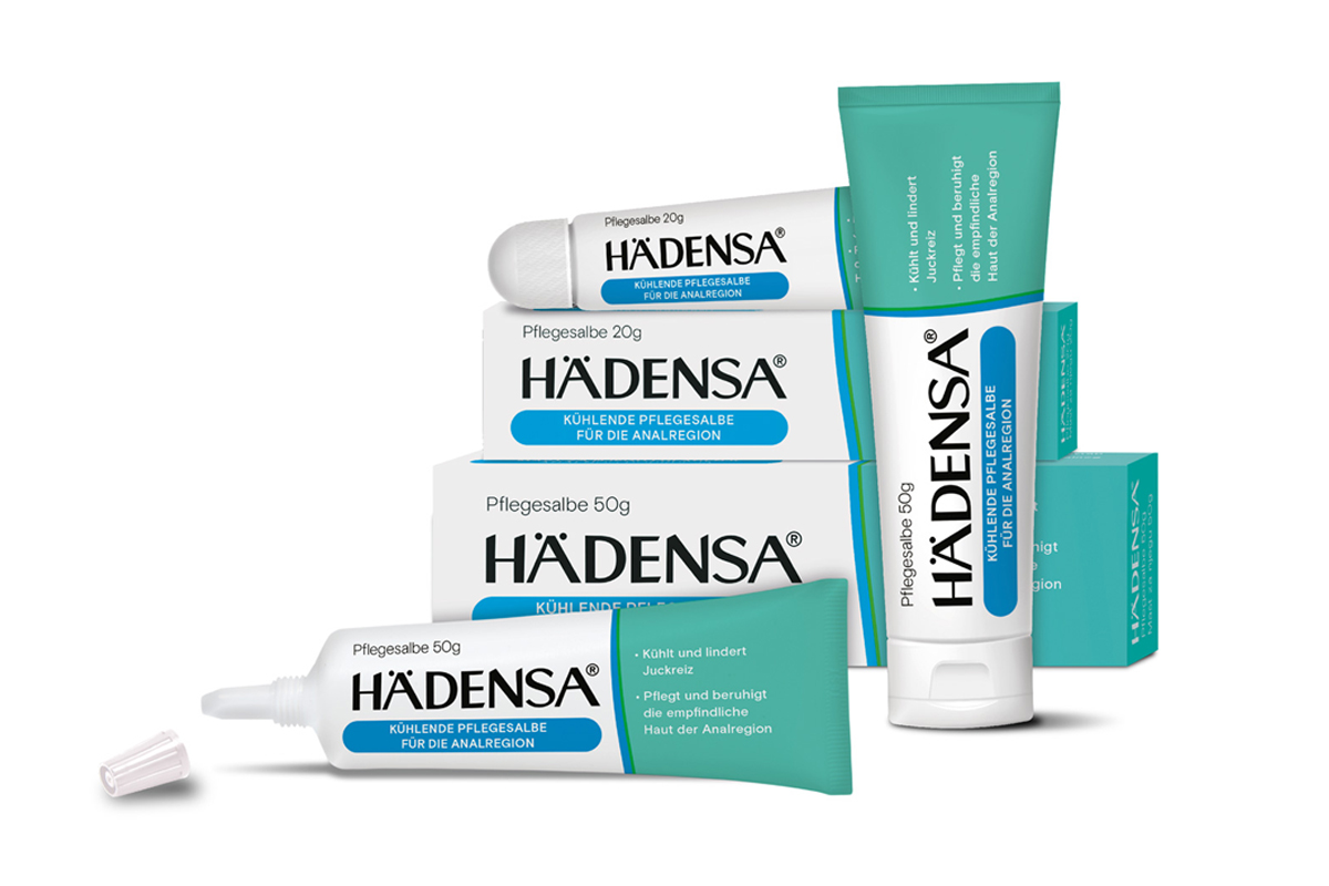 Packshot Hädensa Pflegesalbe: Pflegesalben für die Haut im Analbereich mit Menthol in türkis-blauer Tube mit Dosierspitze
