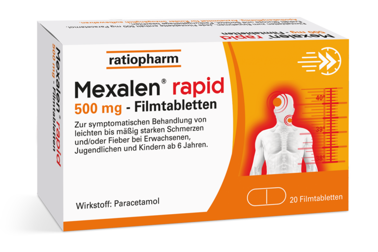 Packung Mexalen rapid 500 mg Tabletten von ratiopharm, Wirkstoff Paracetamol, zur Behandlung von Fieber und Schmerzen.