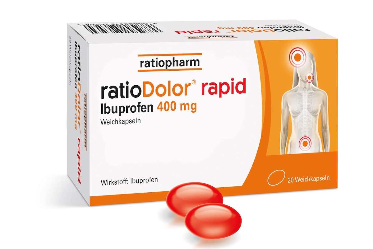 Packung ratioDolor rapid Ibuprofen 400 mg Weichkapseln von ratiopharm, Schmerzmittel bei Kopf- und Gelenkschmerzen, mit zwei roten Kapseln im Vordergrund.