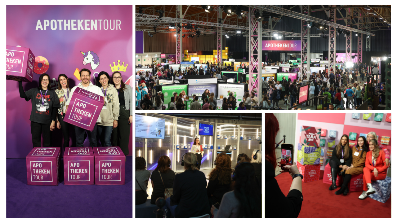 Collage (4 Fotos) der APOTHEKENTOUR Wien. Links: Fünf Personen halten lila Würfel mit dem Logo vor einer lila-rosa Wand. Oben Mitte: Gesamtansicht der belebten Messe mit vielen Besuchern und farbigen Bannern. Unten Mitte: Eine Rednerin spricht vor einer sitzenden Gruppe. Unten rechts: Personen posieren für Fotos.