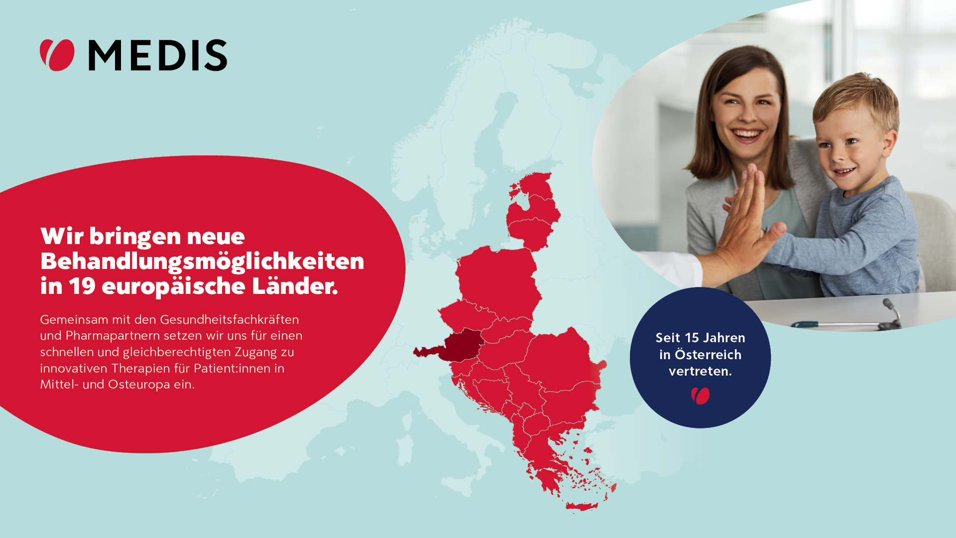 Europakarte mit den 19 Ländern, in denen Medis tätig ist. Die Grafik veranschaulicht das Engagement für den Zugang zu innovativen Therapien in Mittel- und Osteuropa sowie die seit 15 Jahren bestehende Präsenz von Medis in Österreich.
