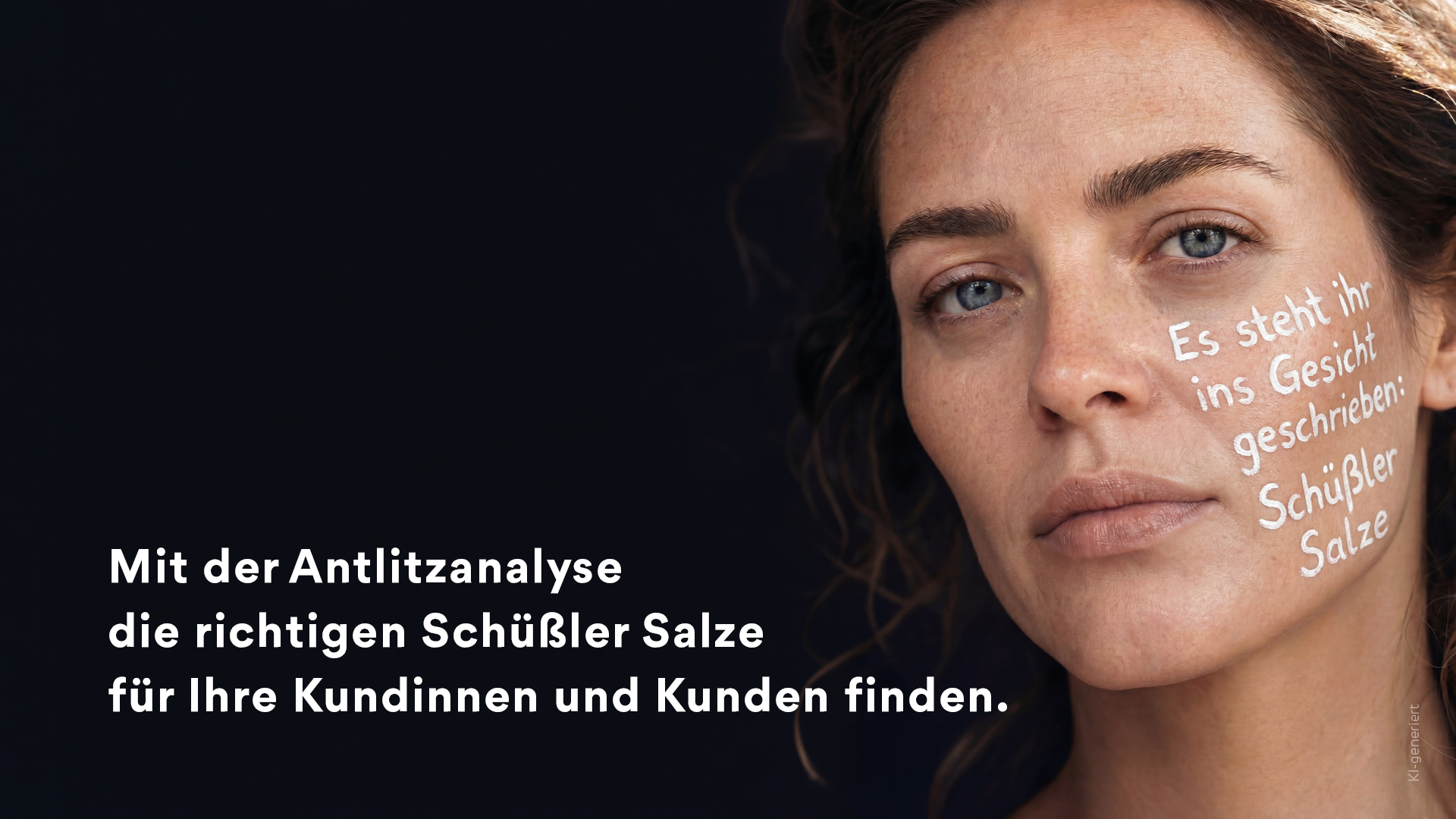 Werbebild zur Antlitzanalyse mit dem Text: „Mit der Antlitzanalyse die richtigen Schüßler Salze für Ihre Kundinnen und Kunden finden.“ Am Gesicht der Frau steht: „Es steht ihr ins Gesicht geschrieben“.