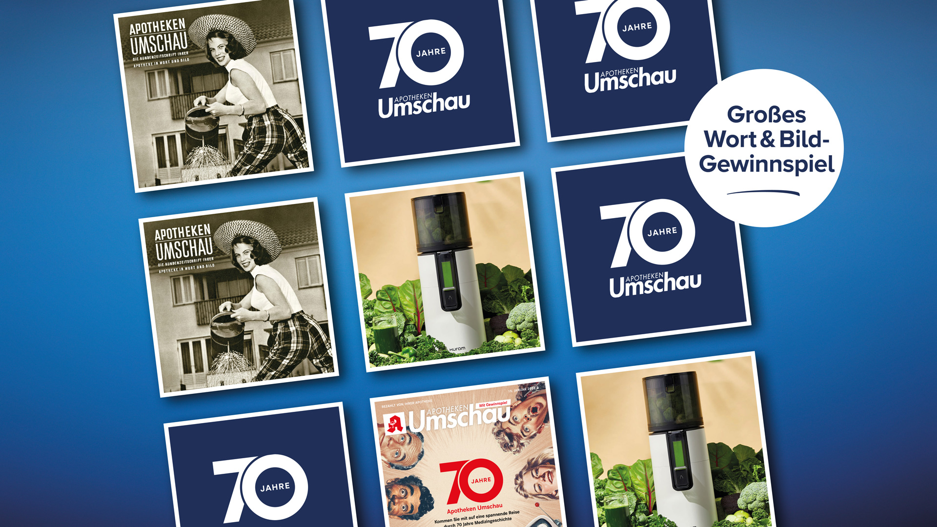 Collage mit Motiven zum 70-jährigen Jubiläum der Apotheken Umschau, historischen Magazin-Covern, einem Entsafter vor grünem Gemüse und einem weißen Kreis mit der Aufschrift „Großes Wort & Bild-Gewinnspiel“