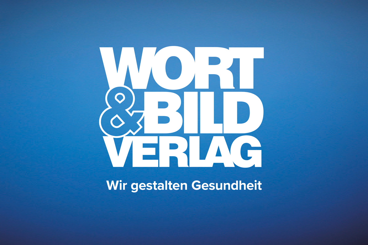 Logo des Wort & Bild Verlags in weißer Schrift auf blauem Hintergrund mit dem Slogan „Wir gestalten Gesundheit