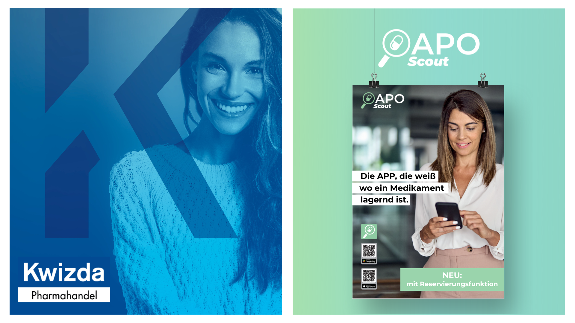 Kiwzda_Header Linke Bildhälfte: Frau im blauen Farbfilter mit großem K im Hintergrund. Rechte Bildhälfte: Plakat mit Frau, die auf ein Smartphone schaut, und Text ‚Die APP, die weiß, wo ein Medikament lagernd ist. Neu: mit Reservierungsfunktion‘.